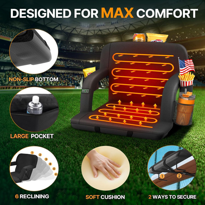 Heated Stadium Seat For Bleachers With Back Support, Dual-Zone Heated Bleacher Seat With 3 Heat Levels, 6 Reclining Positions, Padded Stadium Chair With Armrests, Hooks And Backpack Straps