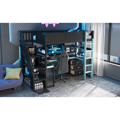 Lit mezzanine simple peu encombrant avec escalier de rangement et bureau, bois, bleu noir