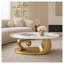 Table basse ovale avec plateau en verre imitation marbre et base en acier inoxydable doré poli, centre de table sculptural moderne pour le salon