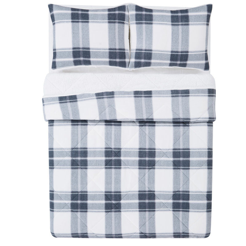 Traditional Box Stitch Plaid Comforter Set, Blue/Cream, Full/Double Comforter + 2 Standard Shams