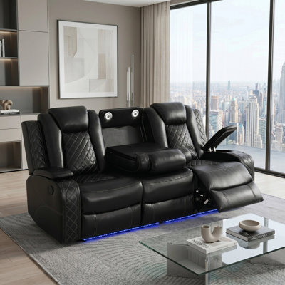 Canapé inclinable Soren en cuir végétalien foncé avec porte-gobelets, recharge sans fil et lumières DEL