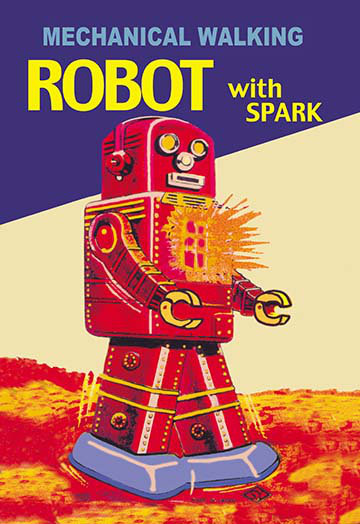 Robot rouge à marche mécanique avec étincelles rétro, H 66 po x l 44 po x P 1,5 po
