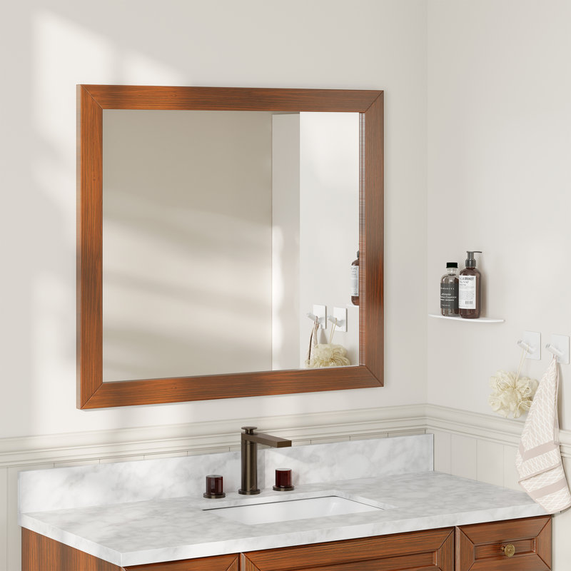 Desjuan Solid Wood Wall Mirror Framed, Straight Mirror, Bathroom Mirror 5MM Thickness Glass, Traditional Brown, 34" x 36"