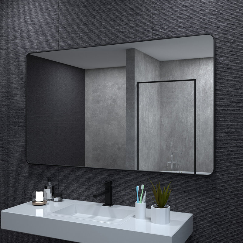 Round Metal Frame Hanging Wall Bathroom Mirror, 36' x 60", Matte Black
