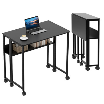 Bureau d'ordinateur pliable de 31,5 pouces avec tablette de rangement, table d'appoint mobile à roulettes peu encombrante, poste de travail compact facile à assembler pour les petits bureaux à domicile, les bureaux et les espaces de vie limités