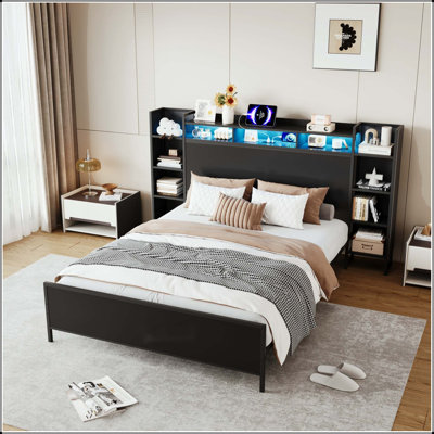 Cadre de lit double avec charge USB, tête de lit avec rangement et lumières DEL