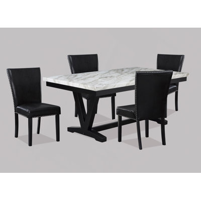 Faux Marble & Black Finish Dining Table Set Faux Leather Upholstered Chairs Nailhead Trim Polyurethane Fabric 5Pc Set