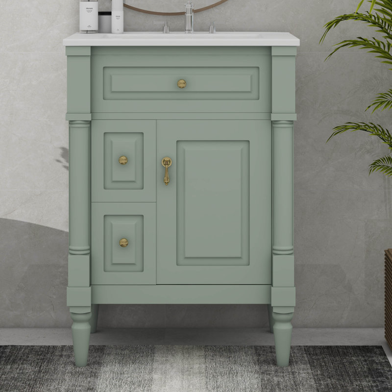 Meuble-lavabo sur pied 24 po avec lavabo, armoire de salle de bain autoportante avec tiroir rabattable et tablette réglable 24 po