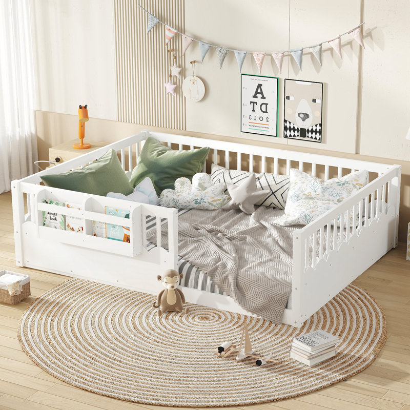 Queen Floor bed with Heightened Fence and bookshelf, White