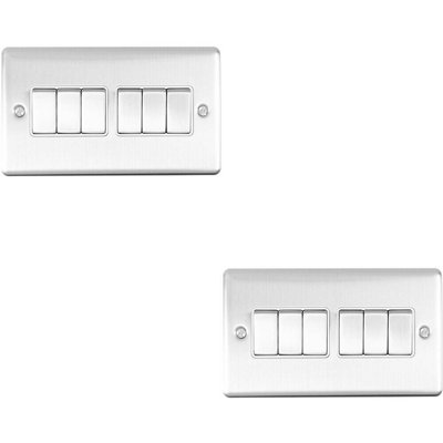 2 PACK 6 Gang Metal Multi Light Switch SATIN STEEL 2 Way 10A White Trim
