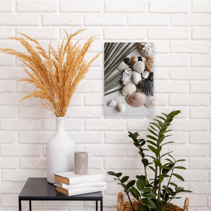 Shellstoriesno01 Serene Tranquil Abstract Palm Coastal Art mural, H 18 po x l 12 po