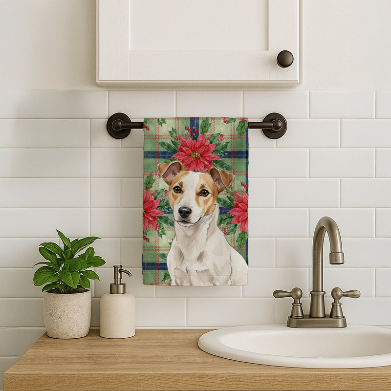 White and Tan Jack Russell Terrier Christmas PoinsettIas Kitchen Towel, White/Tan Jack Russell Terrier
