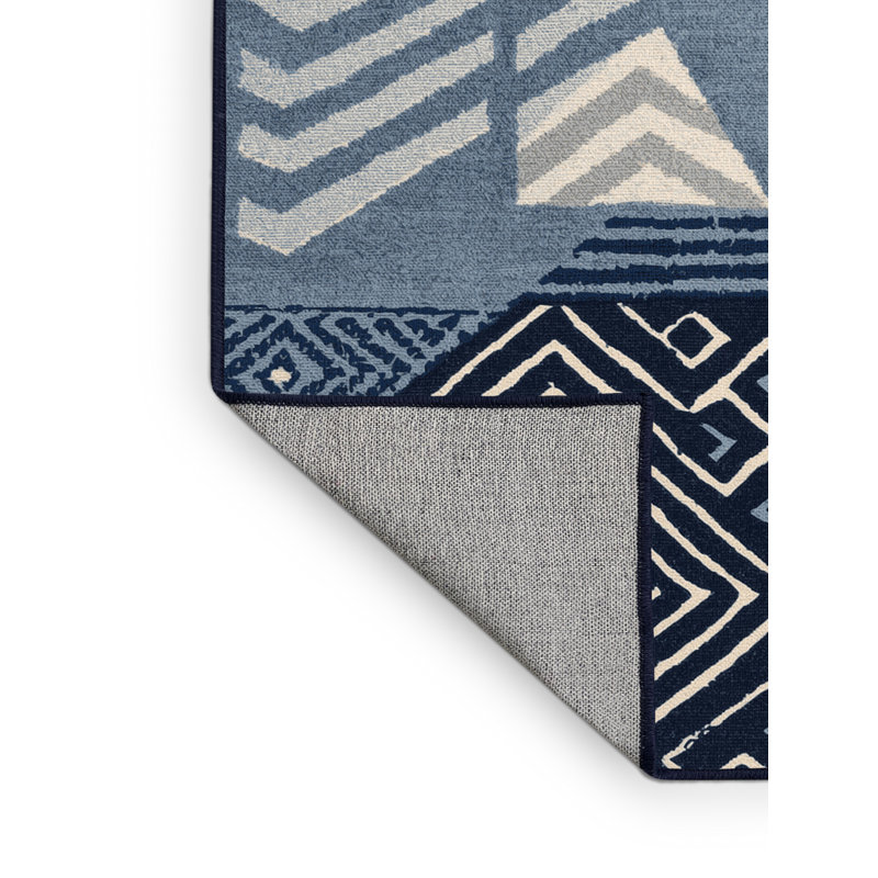 Machine Washable Bemott Global Inspired Block Print Rug in Gray – Navy Binding, 3x5