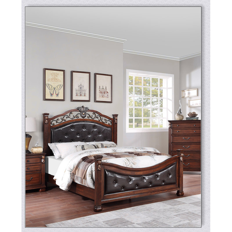 Formal Traditional Dark Cherry Queen Size Bed with Tufted Faux Leather Headboard and Footboard, Durable and Elegant