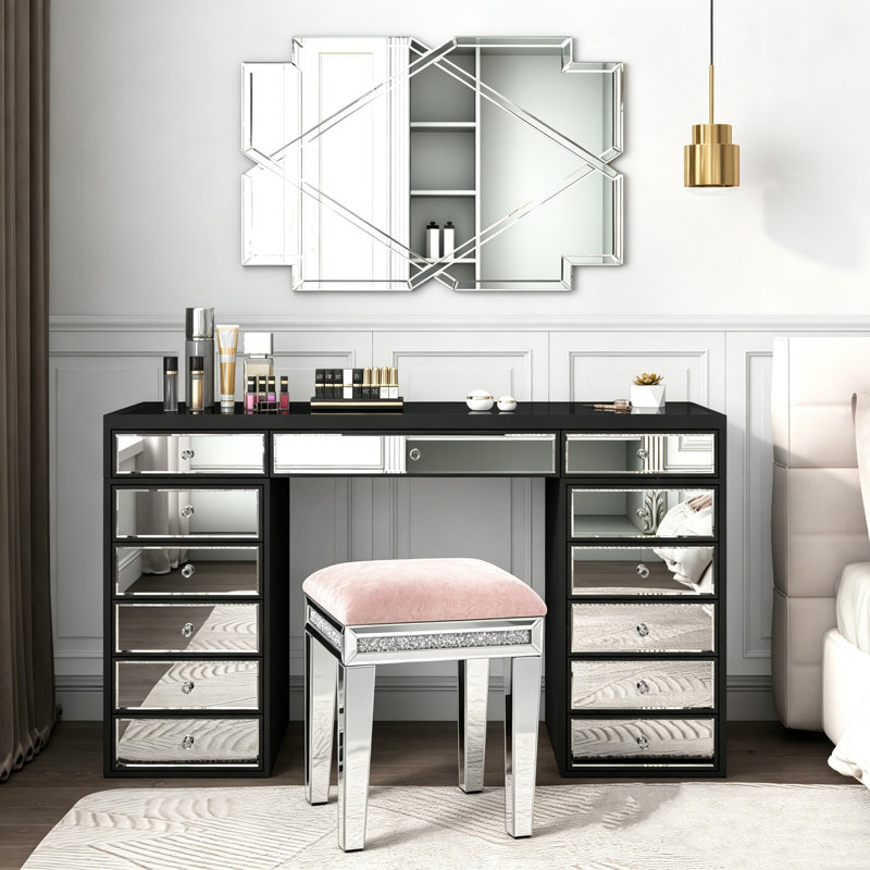 130Cm Glass Top Vanity Table With Crushed Diamond Mirrored Stool Set