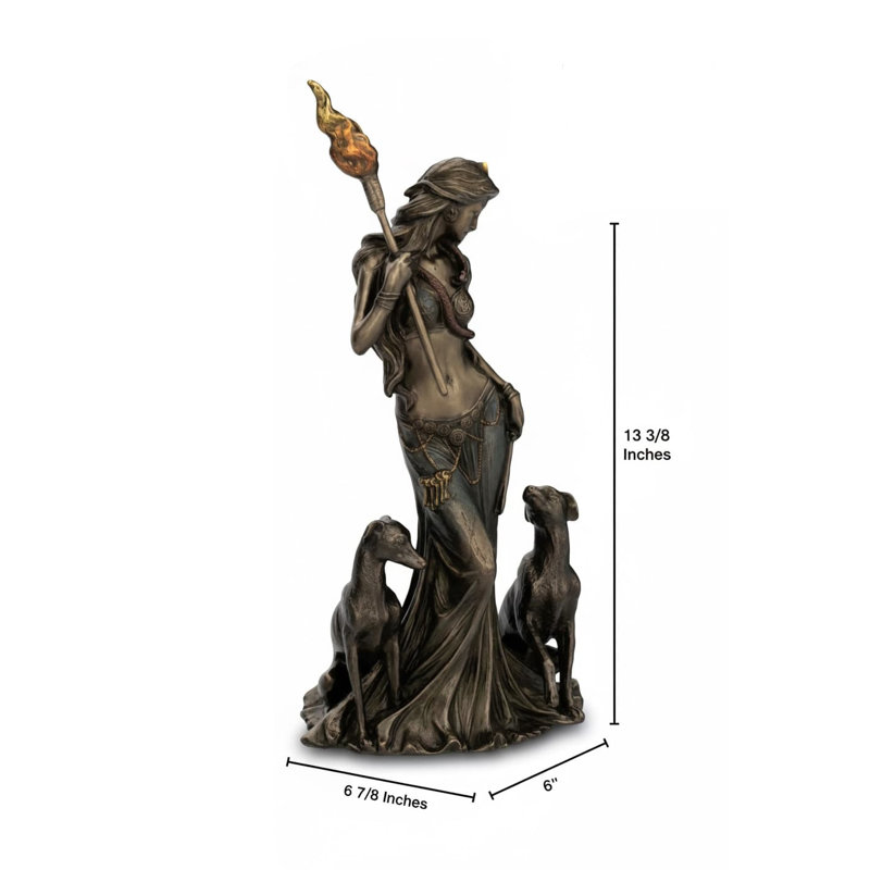 13" Hecate Greek Goddess Resin Sculpture - Marble White Finish with Hounds, Antique Bronze
