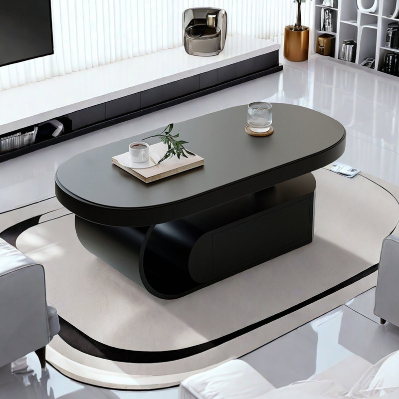 Table basse moderne simple de forme ovale, Noir, noir, noir, noir, H 16,5 po x L 51,2 po x l 27,6 po, Noir, noir, noir, noir