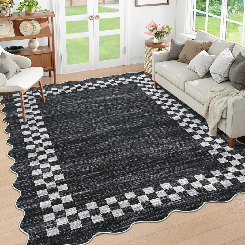 Scalloped Area Rugs Modern Bordered Accent Carpet,Non-Slip Floor Cover,Stain-Resistant Indoor Mat for Bedroom,Kitchen,Living Room