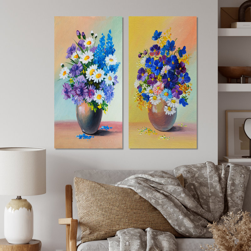 Nature morte au bouquet de couleurs bleues et blanches - ensemble de 2 peintures sur toiles, H 20 po x l 24 po x P 1 po