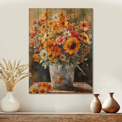 Farm Sunset Garden Blooms Of Mums III - Assorted Bouquets Wood Wall Decor - On Natural Pine Wood