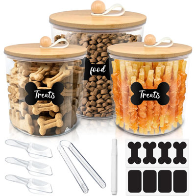3 Pack Airtight Dog Food Storage Container Dog Treat Container Dog Food Containers With Bamboo Lids Pet Food Storage Container Cat Food Container With Scoops,Clamp,Labels,Pen