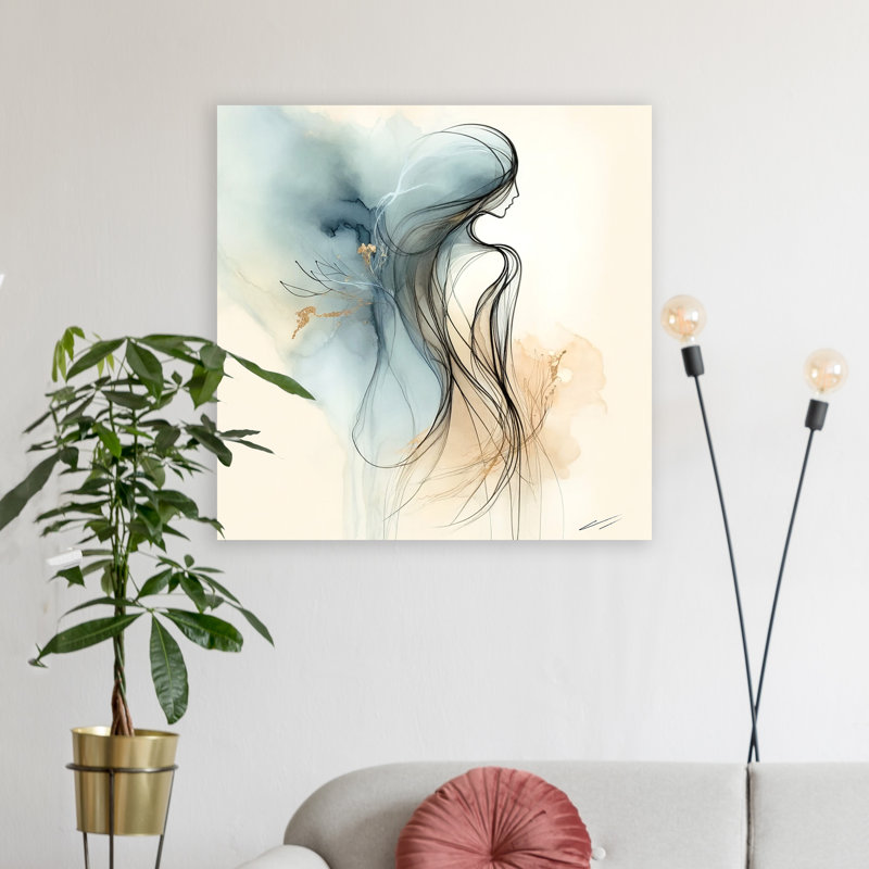 «Serene Elegance Abstract Woman Line Art with Gold Accents», art mural sur toile tendue, H 30 po x l 30 po