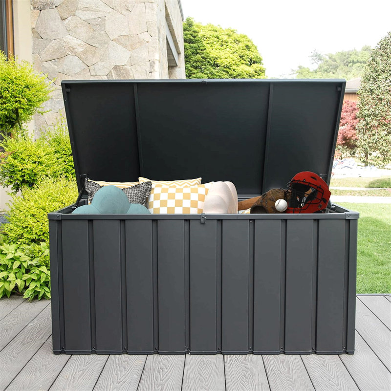 Boîte de rangement extérieure imperméable, grand bac de rangement pour patio pour coussins extérieurs, coussins décoratifs, outils de jardin, verrouillable
