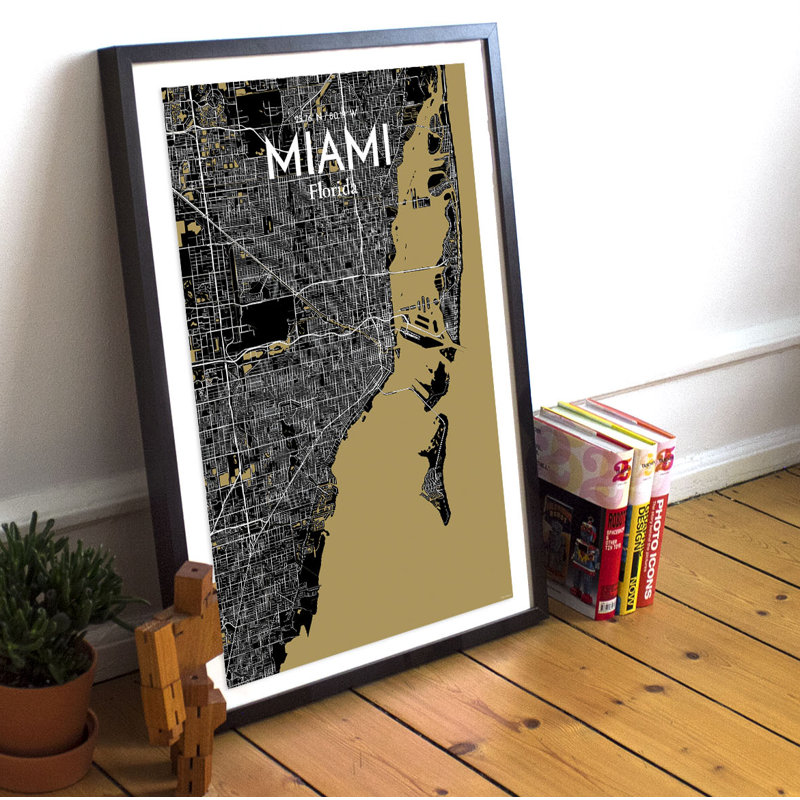 « miami city map », reproduction d’impression sur affiche luxe, H 17 po x l 11 po x P 0,05 po