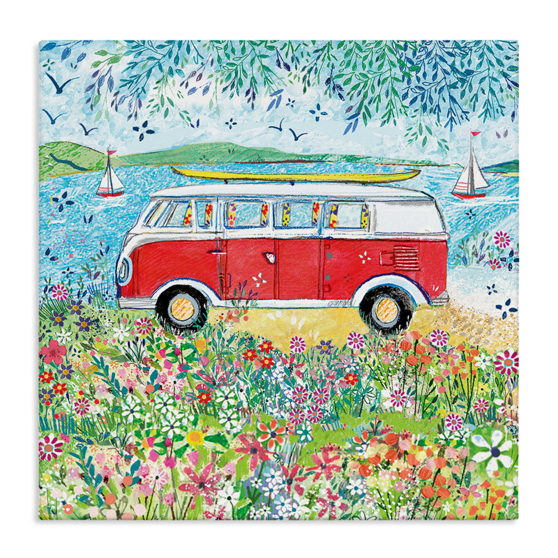 «Red Campervan Ready For Surf Canvas», conception de Clare Tupper, H 17 po x l 17 po