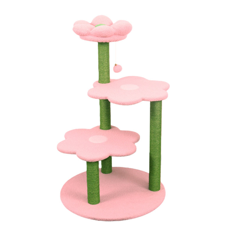 Arbre à chat rose en forme de fleur avec perchoir amovible, poteaux à griffer en sisal et jouet suspendu - Meuble à 3 niveaux pour chatons et chats