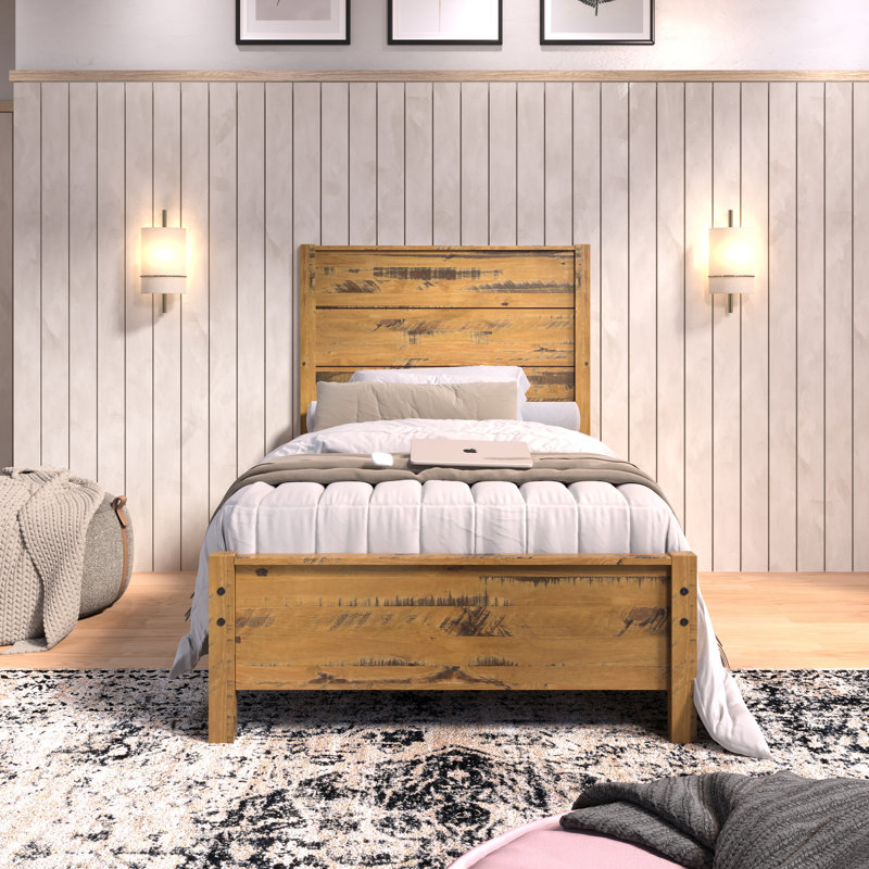 Hibir Rustic Solid Pinewood Bed Frame with Protective Top Trim, Modern Farmhouse Master Bedroom Platform Bed, Heavy-Duty Slat Support Base, No Box Spring Needed, Premium Style