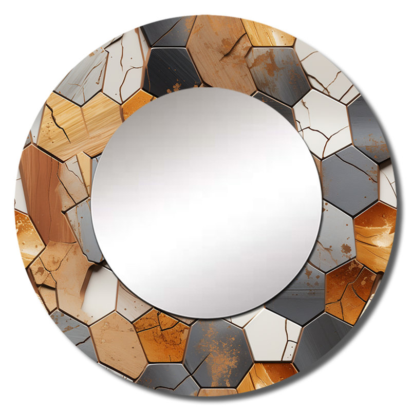 Motif rustique hexagonal Boho - grand miroir mural géométrique, miroir rond moderne unique, impression d'art en métal