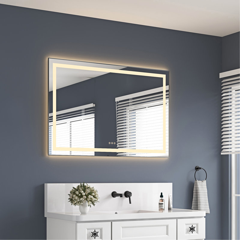 Miroir de salle de bain DEL avec éclairage 3 couleurs, fixation murale, - Gris anthracite, cadre en aluminium, 122 x 81 cm, mémoire, intensité variable en continu, idéal pour
