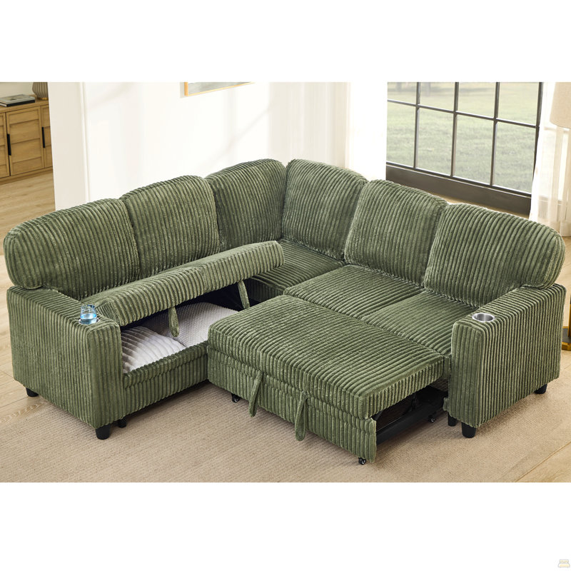 Canapé-lit modulaire en L avec lit escamotable et rangement, canapé-lit 5 places avec chargement USB, Vert olive