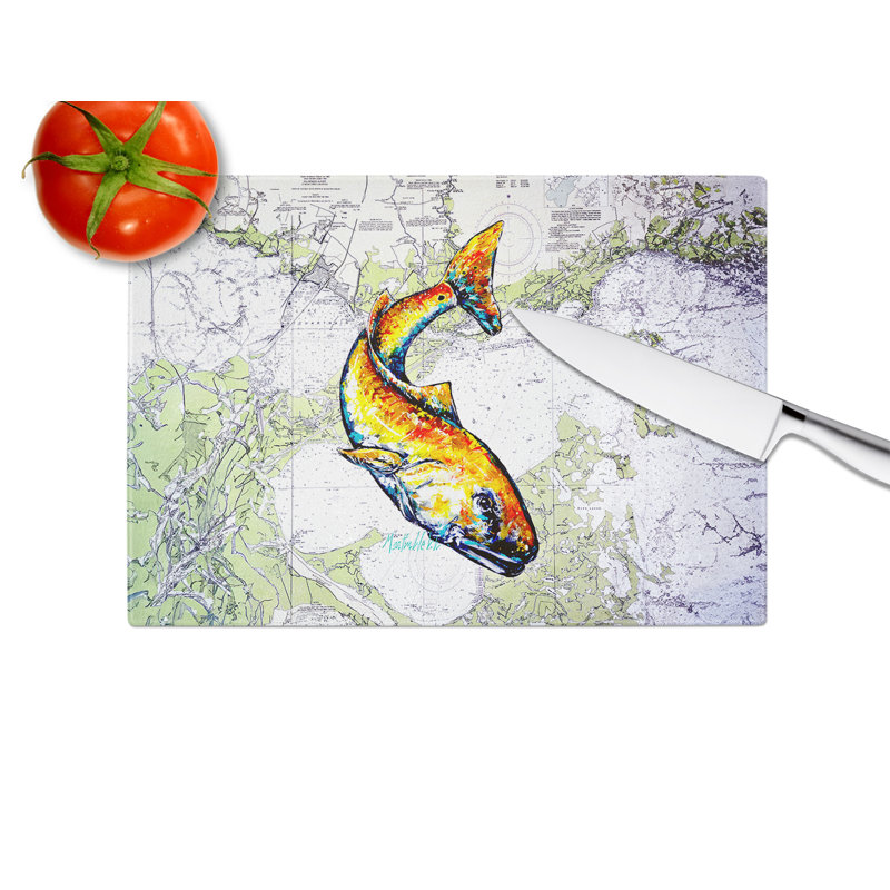 Red Fish On Map Glass Cutting Board