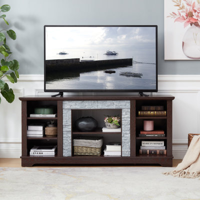 Modern TV Media Stand With Faux Stacked Stone Surround, Open Storage | Gift Idea