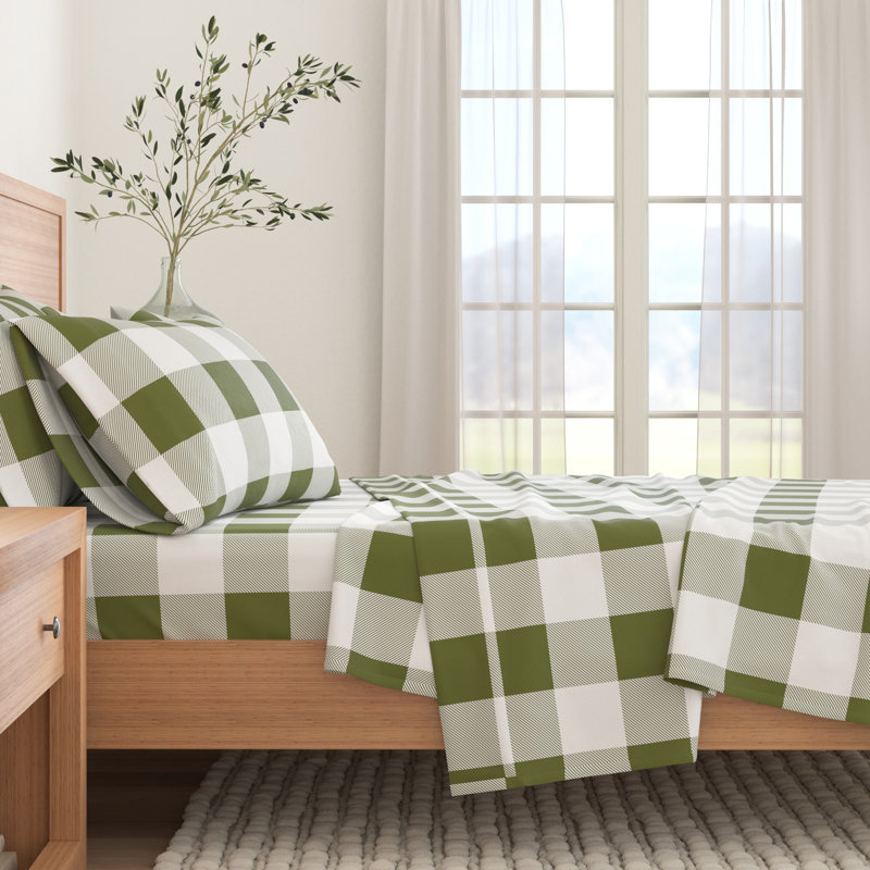 100% Turkish Cotton Flannel Christmas Sheet Sets, Buffalo Check/Green Checkered, Queen with 2 Pillowcases