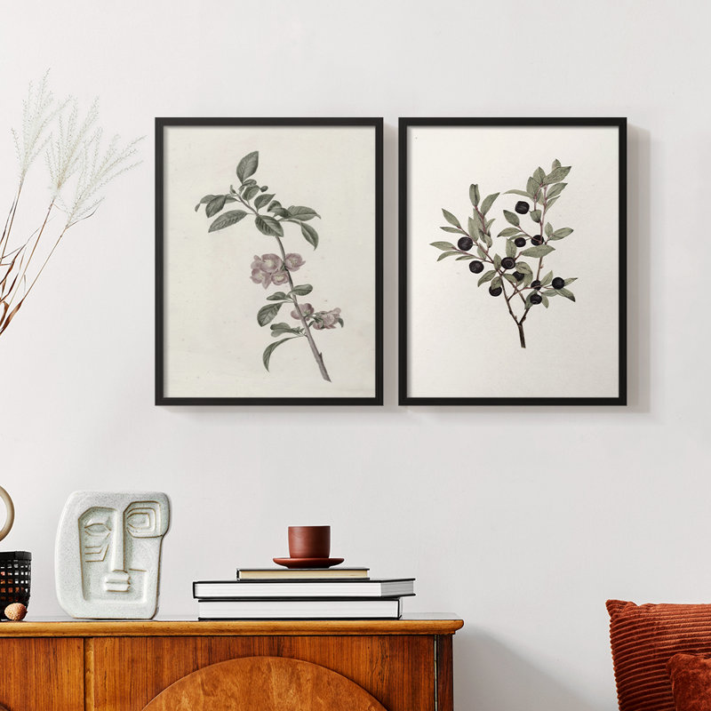 "Floral rétro", 2 pièces sur papier, H 14 po x l 22 po, Noir