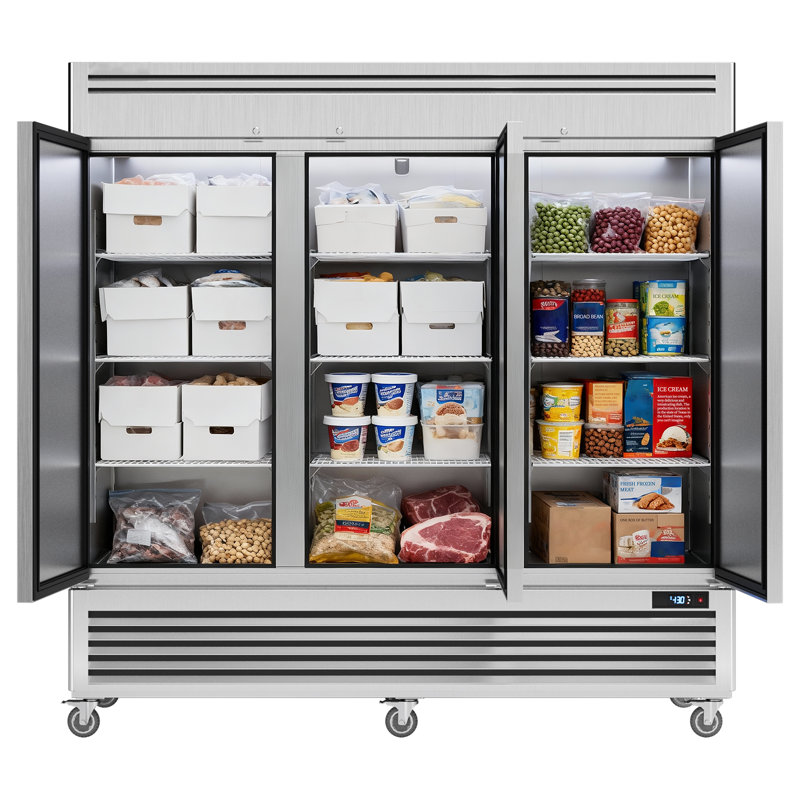 Congélateur commercial Coolake de 82 po de largeur avec 3 portes solides, congélateur droit en acier inoxydable de 72 pieds cubes avec éclairage à DEL, congélateur à ventilateur pour la zone de préparation de la cuisine du café-restaurant