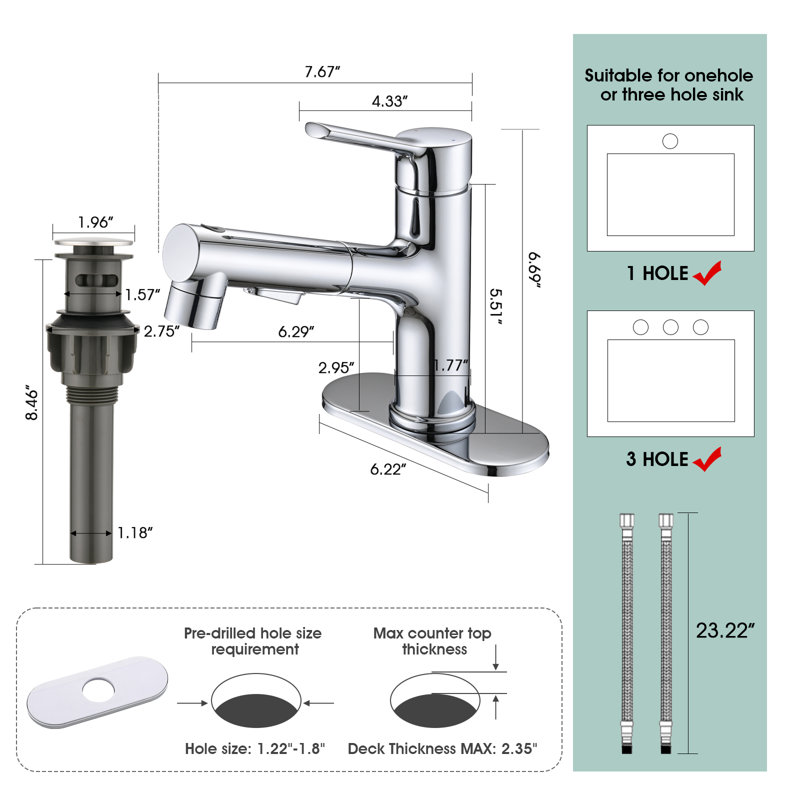 Single-Hole Single-handle Bathroom Faucet with Drain Assembly, Chrome
