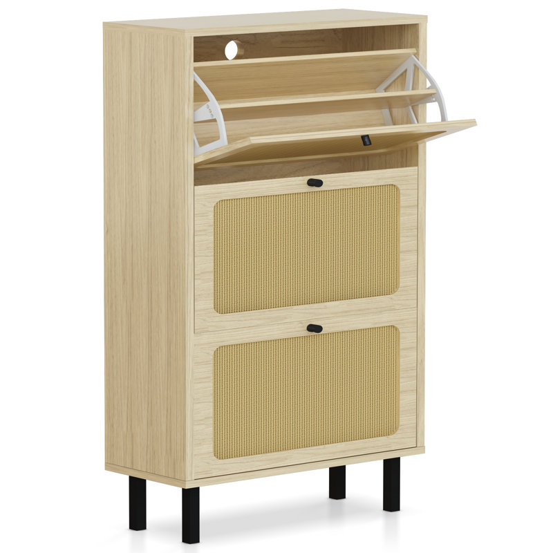 Boho Style 3 Rattan Drawers Shoe Storage Cabinet With Mdf Frame And Metal Legs, Free Standing Shoe Storage Unit Organizer With Adjustable Panel For Heels, Boots, Slippers In Hallway, Living Room