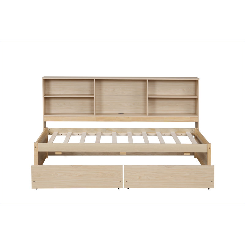 Bed Frame With Side Bookshelves, Two Drawers, And Built-In USB Port, Natural