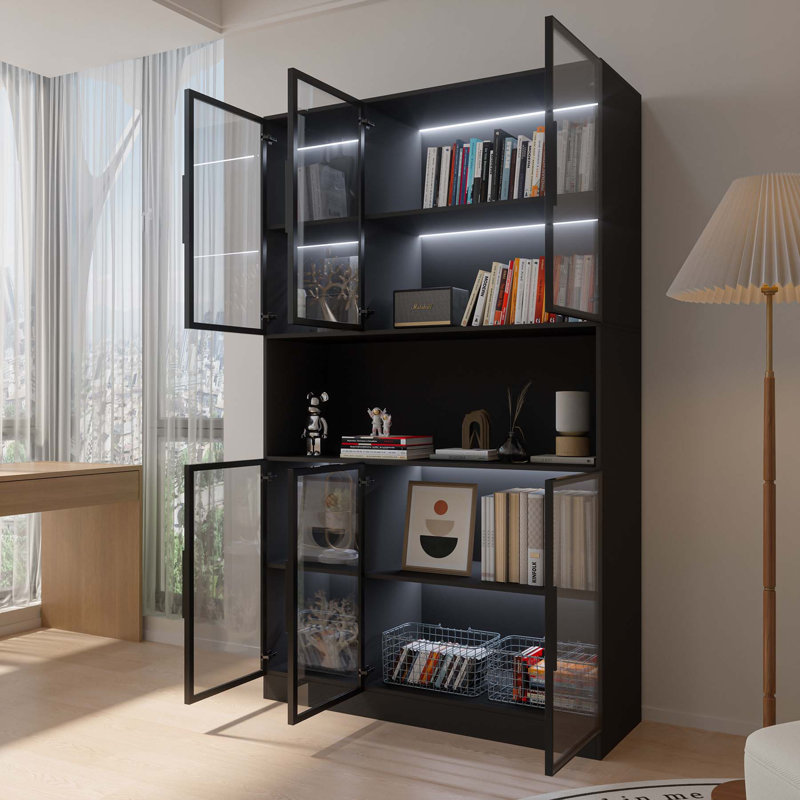 Bibliothèque 78,7 "de haut avec lumière DEL, bibliothèque avec portes en verre, Noir