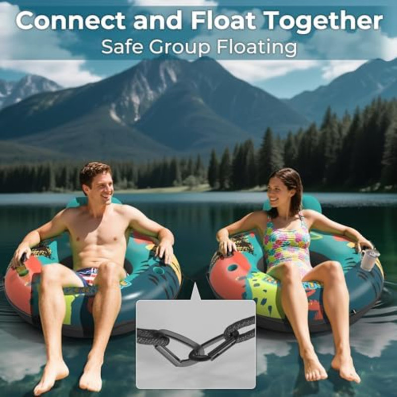 Flotteur de rivière robuste de 53 po pour adultes, flotteur de radeau gonflable pour piscine Lake Beach avec porte-gobelets intégrés, dossier ergonomique, poignées durables et corde de maintien, capacité de poids de 360 lb