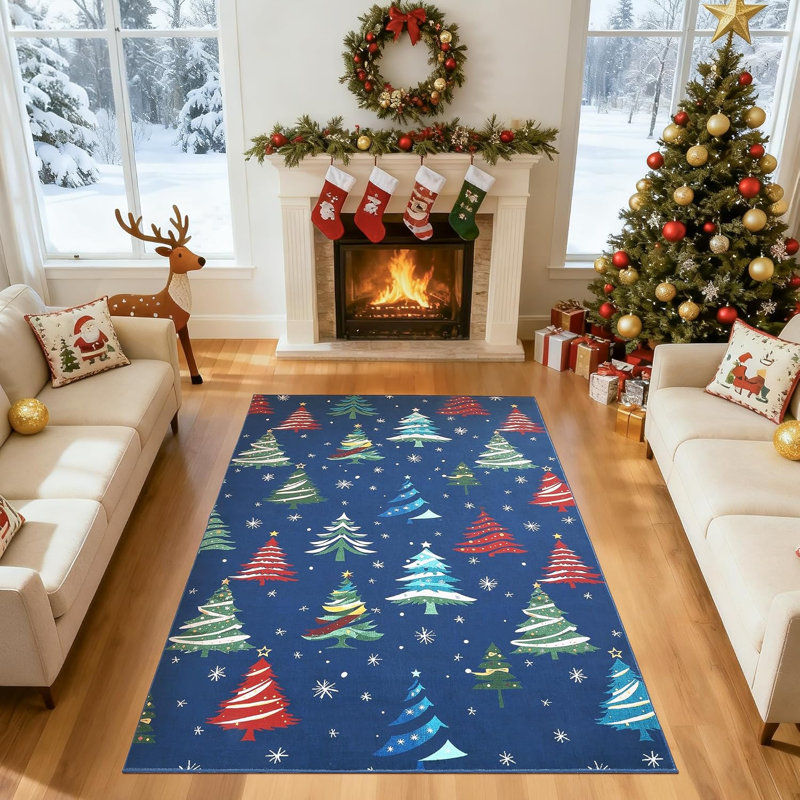 Runner Rug, Christmas Rugs with Xmas Tree Pattern for Holiday Decor, Non Slip Low Pile Washable Rug for Kitchen, Entryway, Living Room, Bedroom