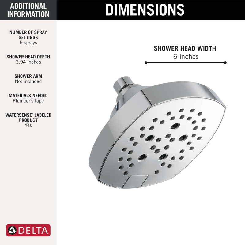 H2Okinetic 5-Setting Shower Head, Square Shower Head, Lumicoat  Chrome