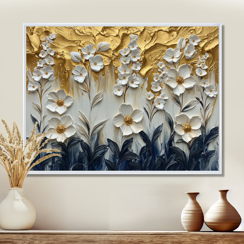 Fleurs blanches et dorées, Wildflowers III - Art mural fleurs sauvages, H 24 po x l 32 po, Cadre flottant, Blanc