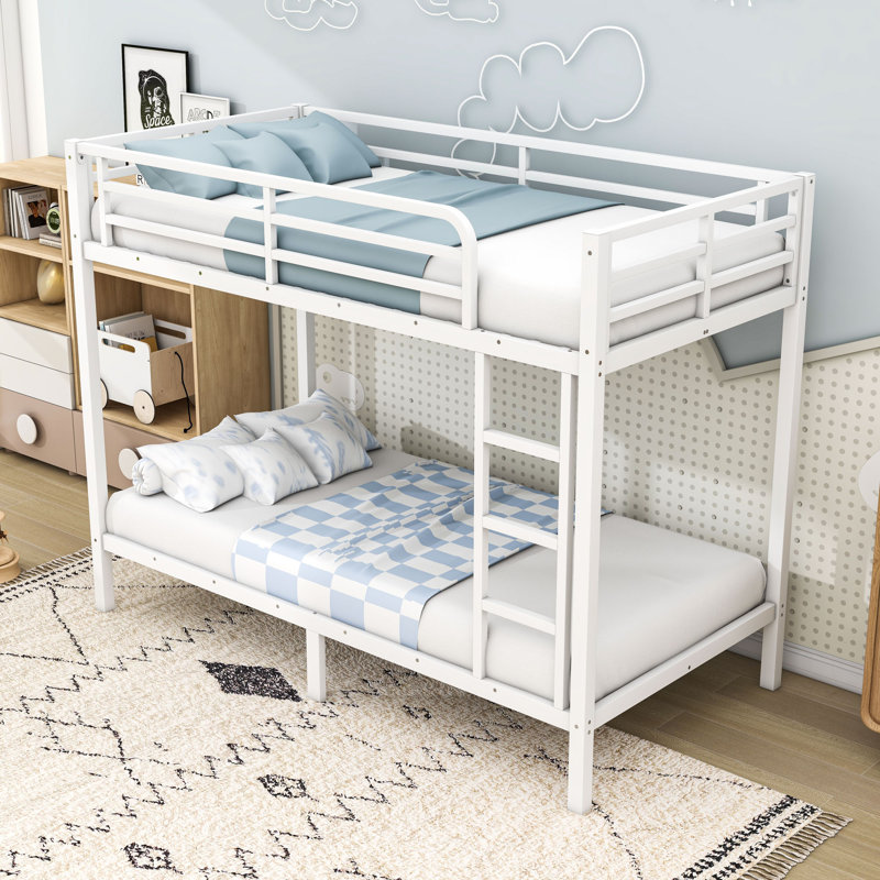 Metal Bunk Bed With Guardrails And Ladder, White, Extra Long Twin