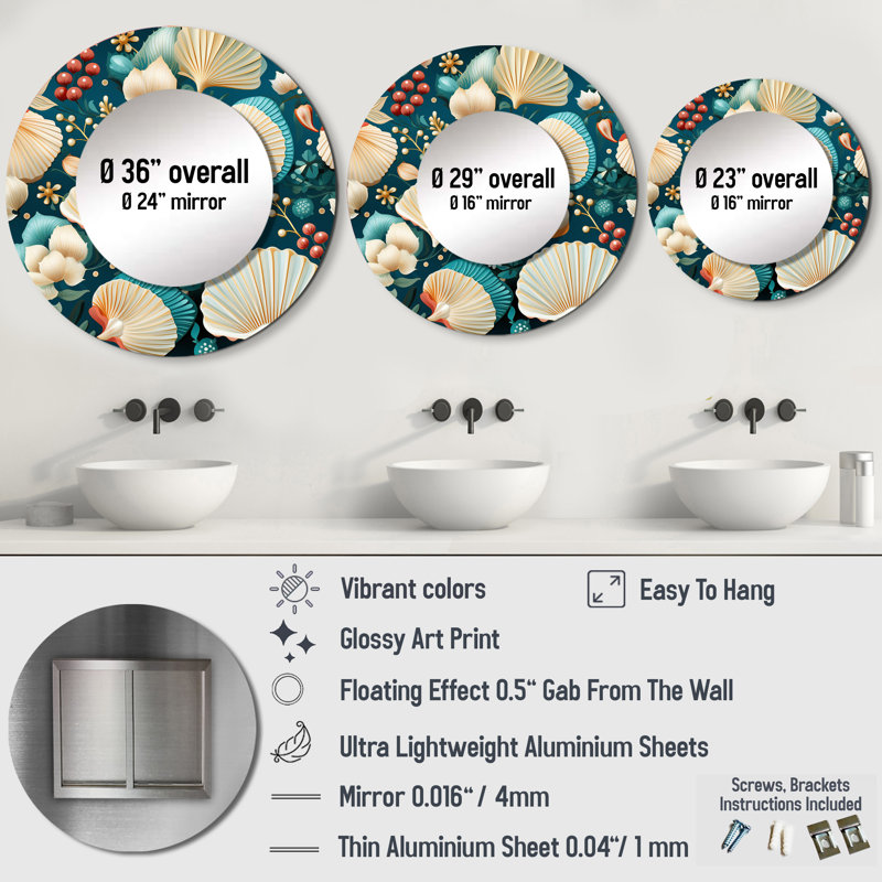 Rogenia Coastal Seashells Coastal Pattern - Coastal Mirror, Blue Round Decorative Wall Mirror, Printed Metal Art, 36" x 36"