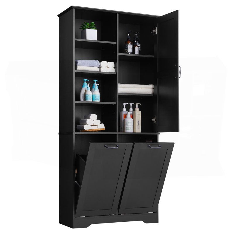 Armoire de rangement pour salle de bain avec portes et tiroirs, panier à linge inclinable, plusieurs espaces de rangement, style autoportant, tablette ouverte, tablette réglable, noir